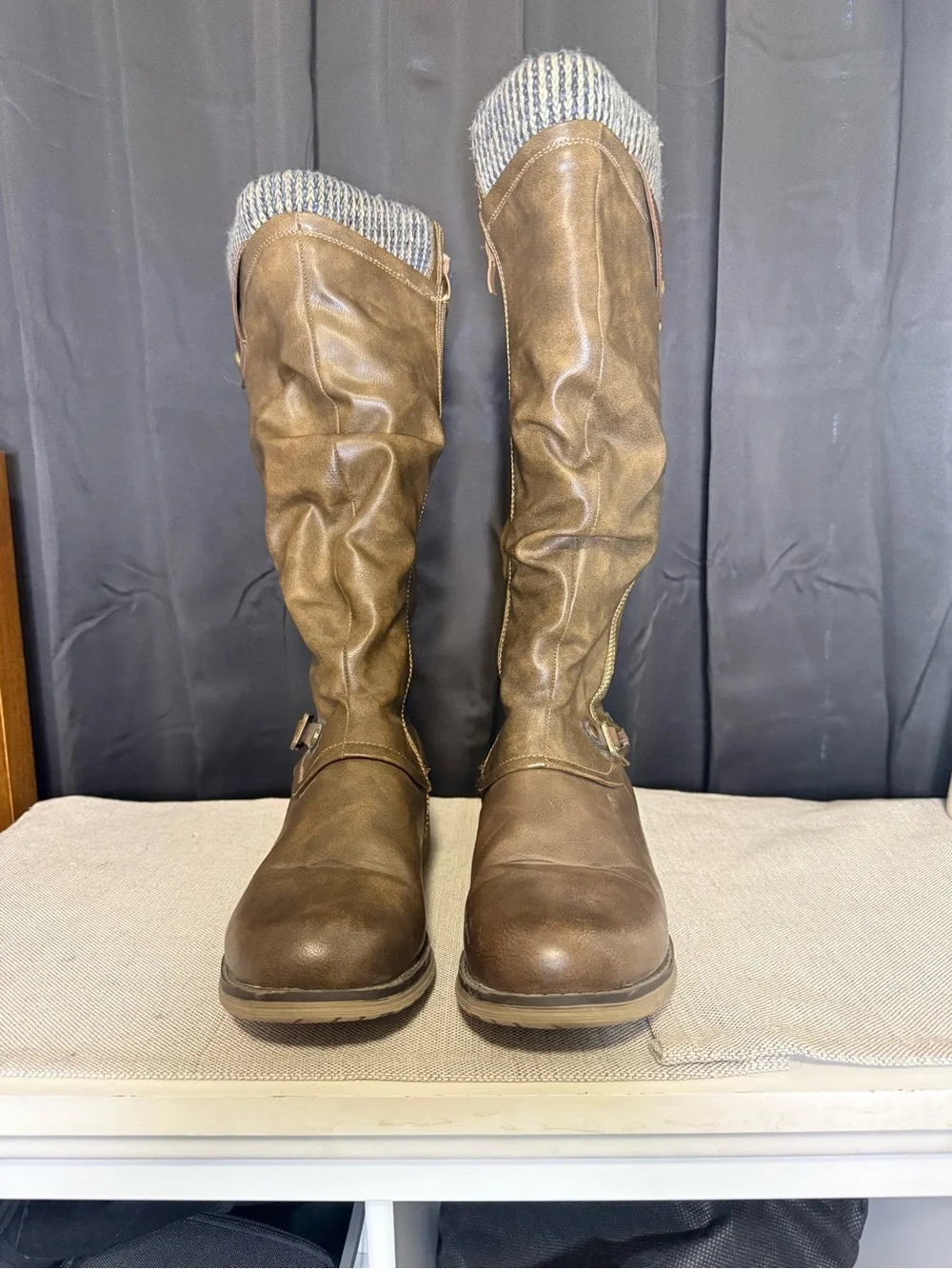 Women’s Knee-High Slouchy Brown Boots with Knit Cuff Size 8